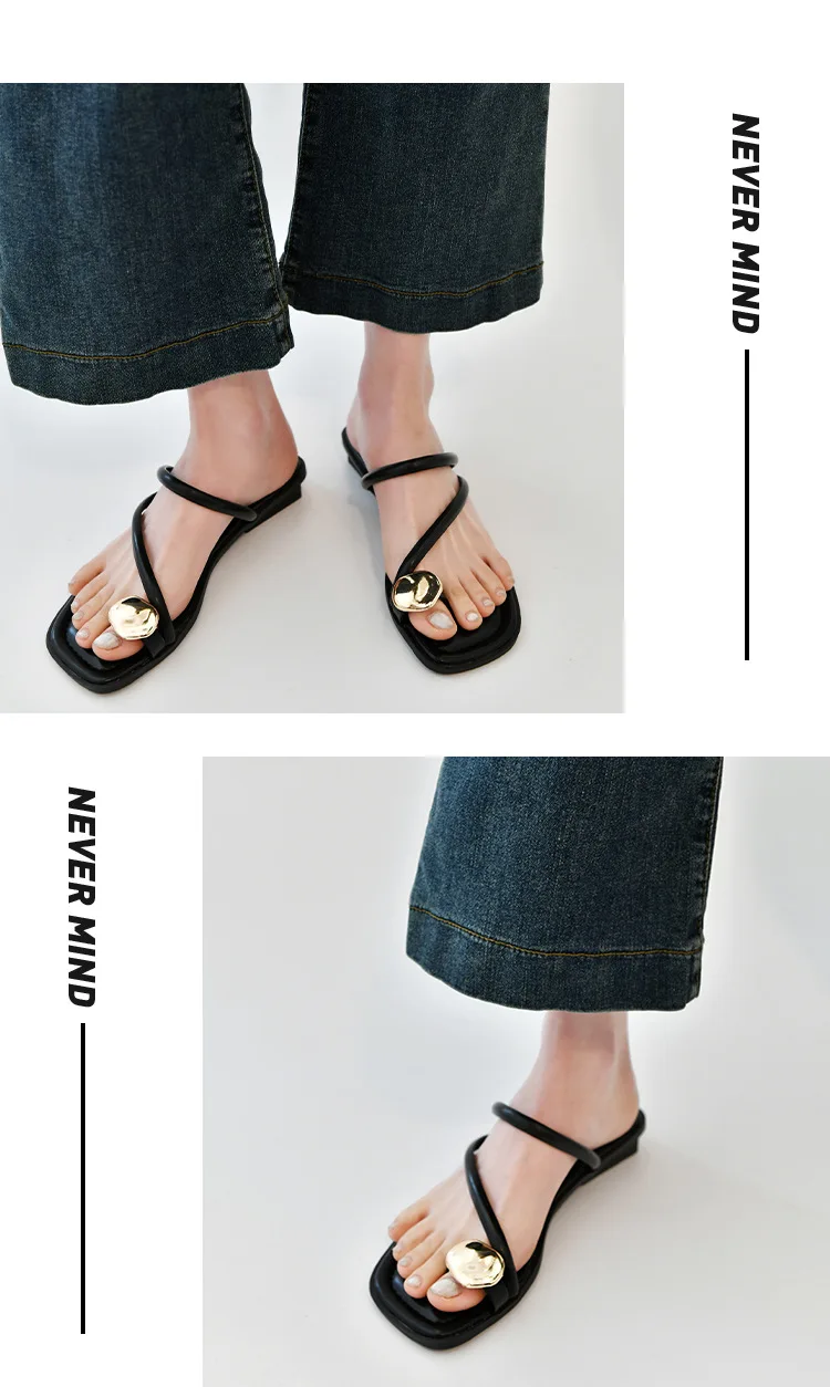 Women Sandals Narrow Band Fashion Metal Decoration Low Heel Slip on Summer Female Slipper Elegant Slides Outdoor Beach Flip Flop