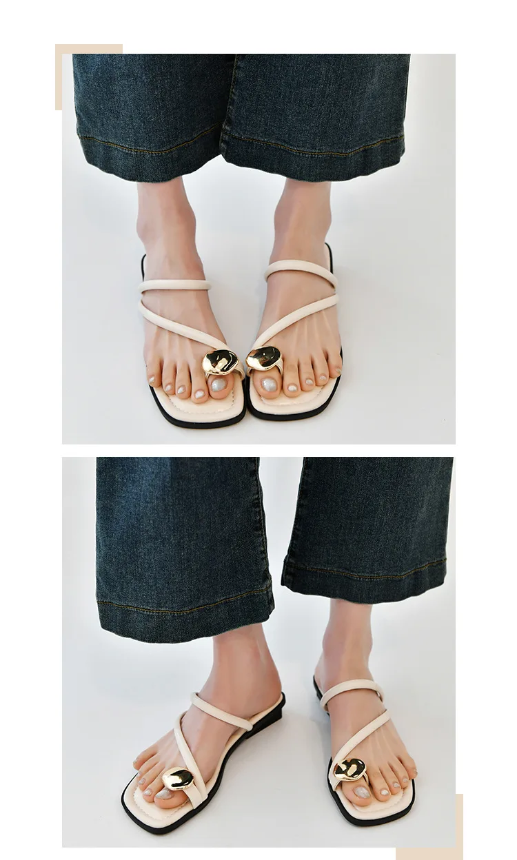 Women Sandals Narrow Band Fashion Metal Decoration Low Heel Slip on Summer Female Slipper Elegant Slides Outdoor Beach Flip Flop
