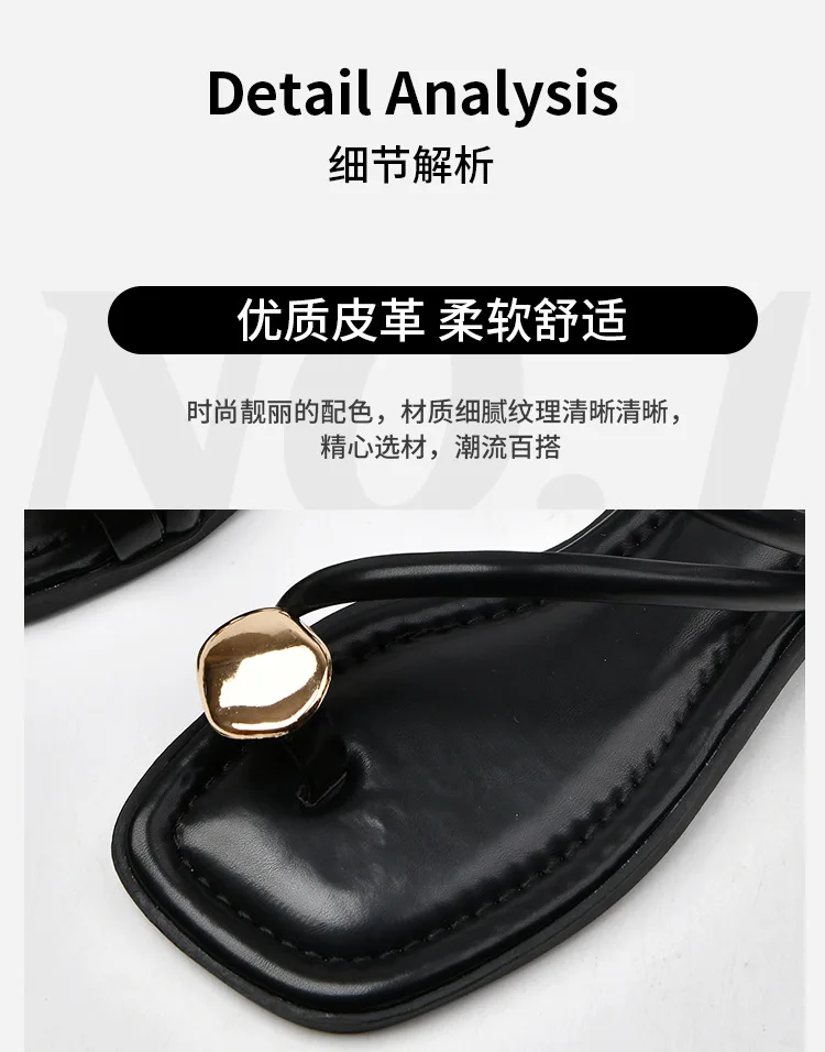 Women Sandals Narrow Band Fashion Metal Decoration Low Heel Slip on Summer Female Slipper Elegant Slides Outdoor Beach Flip Flop