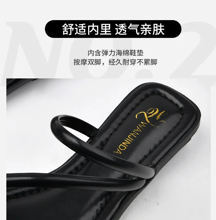 Women Sandals Narrow Band Fashion Metal Decoration Low Heel Slip on Summer Female Slipper Elegant Slides Outdoor Beach Flip Flop