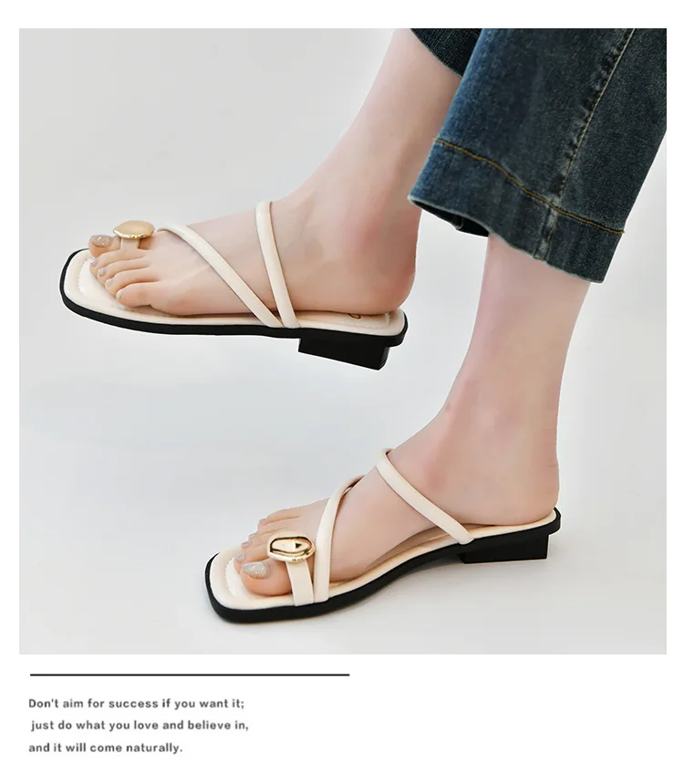 Women Sandals Narrow Band Fashion Metal Decoration Low Heel Slip on Summer Female Slipper Elegant Slides Outdoor Beach Flip Flop
