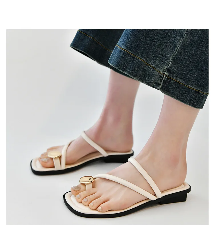 Women Sandals Narrow Band Fashion Metal Decoration Low Heel Slip on Summer Female Slipper Elegant Slides Outdoor Beach Flip Flop