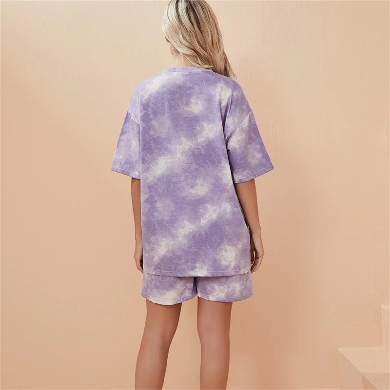 2 Piece Suit Women T-Shirt Shorts Set Tie Dye Loose T-Shirt and Wide Leg Middle Shorts with Pockets Female Casual Soft Summer Se