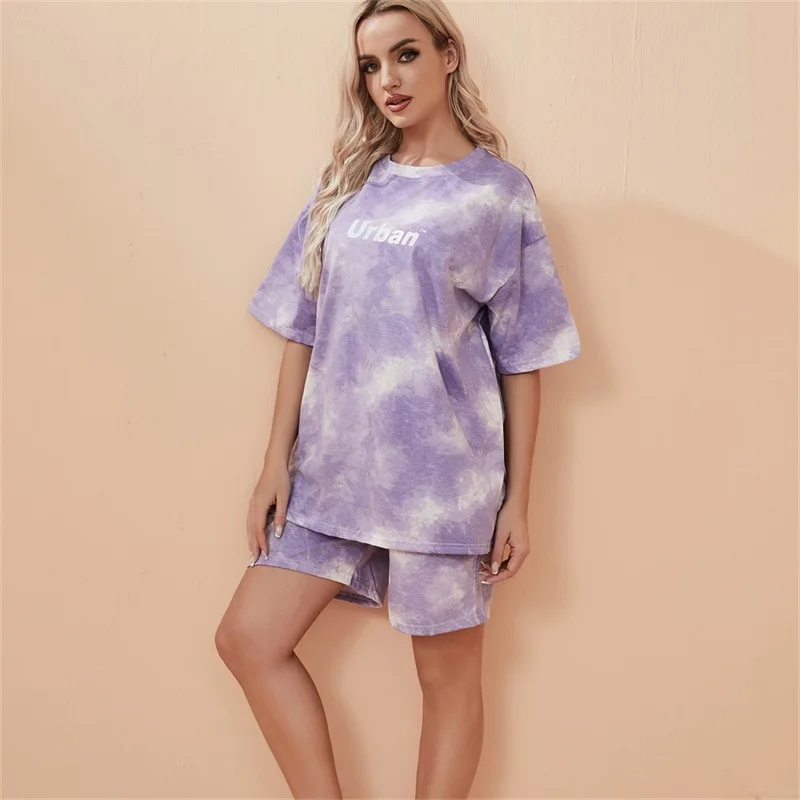 2 Piece Suit Women T-Shirt Shorts Set Tie Dye Loose T-Shirt and Wide Leg Middle Shorts with Pockets Female Casual Soft Summer Se