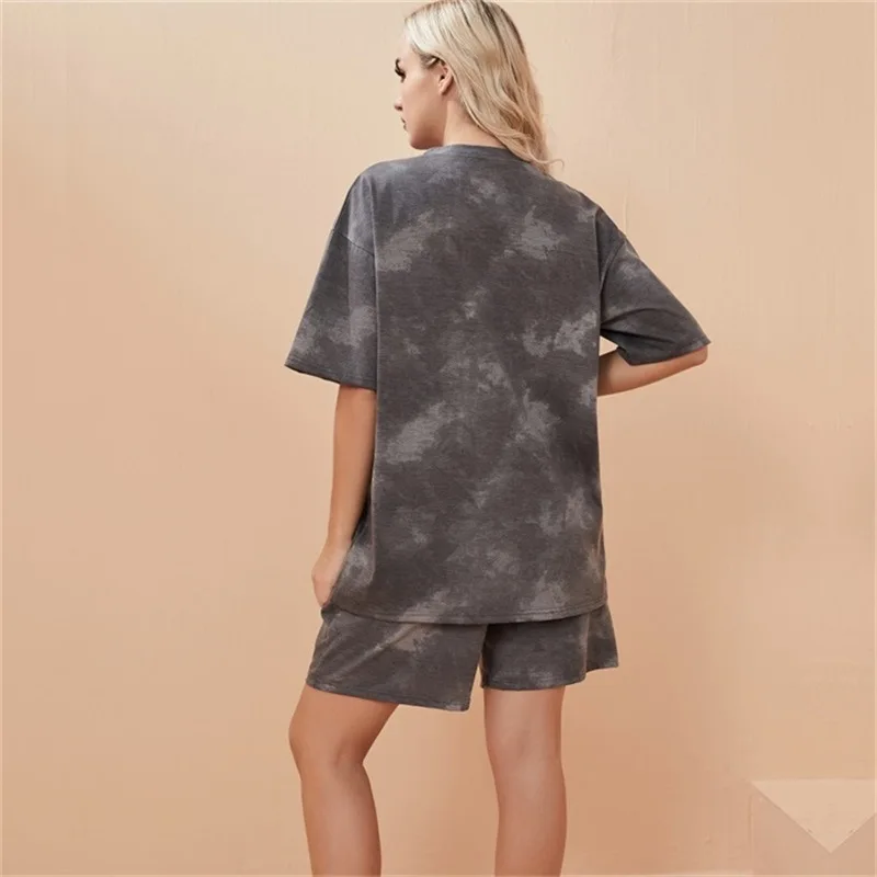 2 Piece Suit Women T-Shirt Shorts Set Tie Dye Loose T-Shirt and Wide Leg Middle Shorts with Pockets Female Casual Soft Summer Se