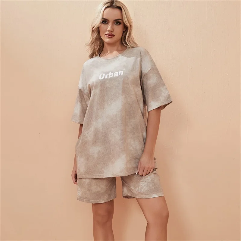 2 Piece Suit Women T-Shirt Shorts Set Tie Dye Loose T-Shirt and Wide Leg Middle Shorts with Pockets Female Casual Soft Summer Se