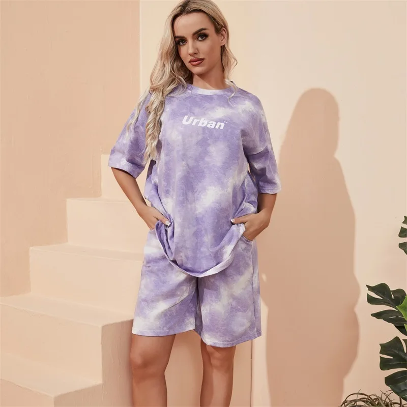 2 Piece Suit Women T-Shirt Shorts Set Tie Dye Loose T-Shirt and Wide Leg Middle Shorts with Pockets Female Casual Soft Summer Se