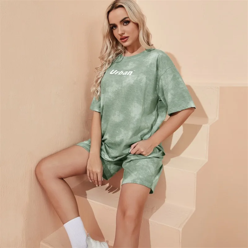 2 Piece Suit Women T-Shirt Shorts Set Tie Dye Loose T-Shirt and Wide Leg Middle Shorts with Pockets Female Casual Soft Summer Se
