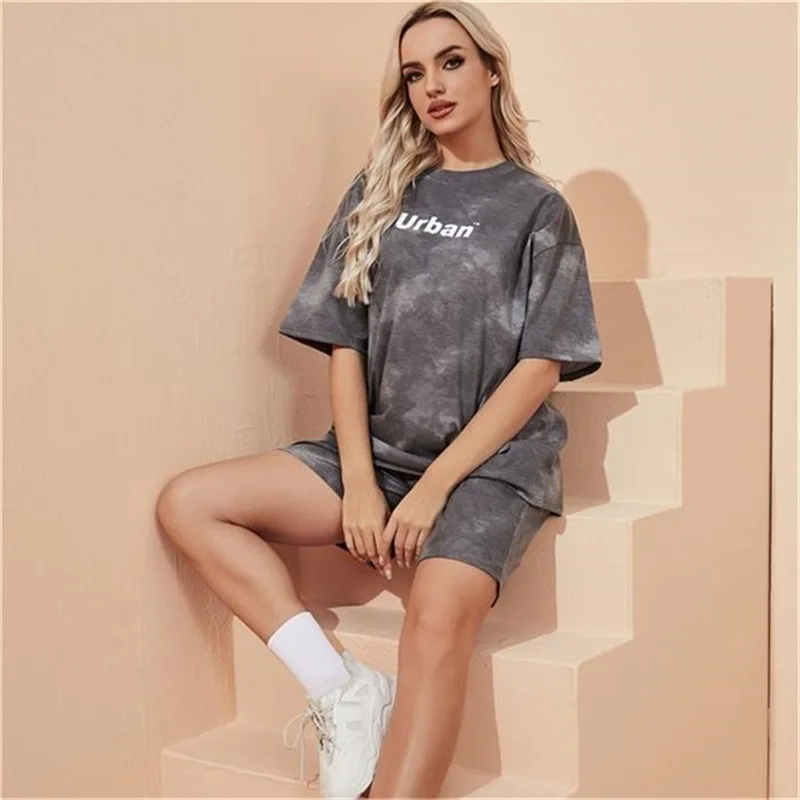 2 Piece Suit Women T-Shirt Shorts Set Tie Dye Loose T-Shirt and Wide Leg Middle Shorts with Pockets Female Casual Soft Summer Se