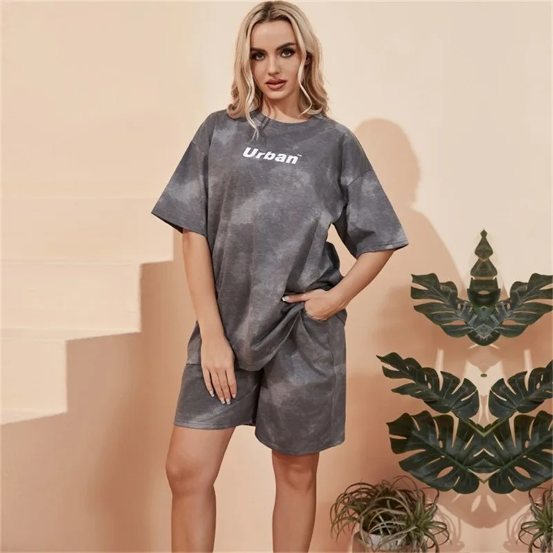 2 Piece Suit Women T-Shirt Shorts Set Tie Dye Loose T-Shirt and Wide Leg Middle Shorts with Pockets Female Casual Soft Summer Se