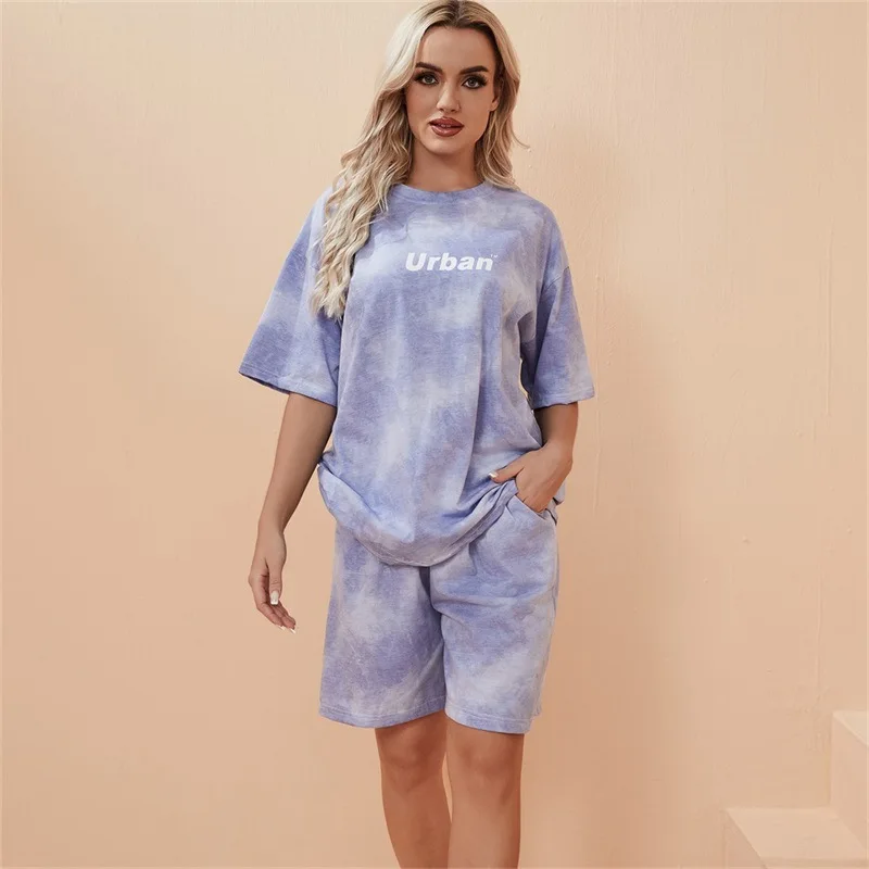2 Piece Suit Women T-Shirt Shorts Set Tie Dye Loose T-Shirt and Wide Leg Middle Shorts with Pockets Female Casual Soft Summer Se