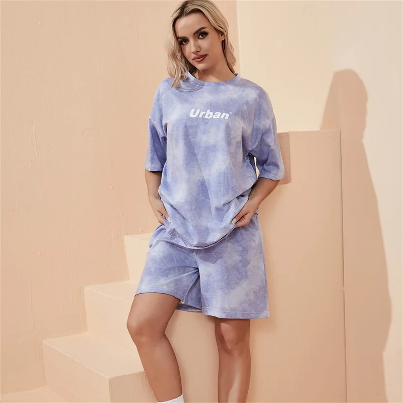 2 Piece Suit Women T-Shirt Shorts Set Tie Dye Loose T-Shirt and Wide Leg Middle Shorts with Pockets Female Casual Soft Summer Se