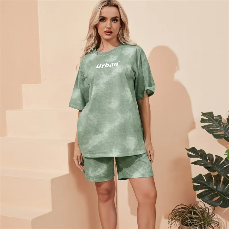 2 Piece Suit Women T-Shirt Shorts Set Tie Dye Loose T-Shirt and Wide Leg Middle Shorts with Pockets Female Casual Soft Summer Se