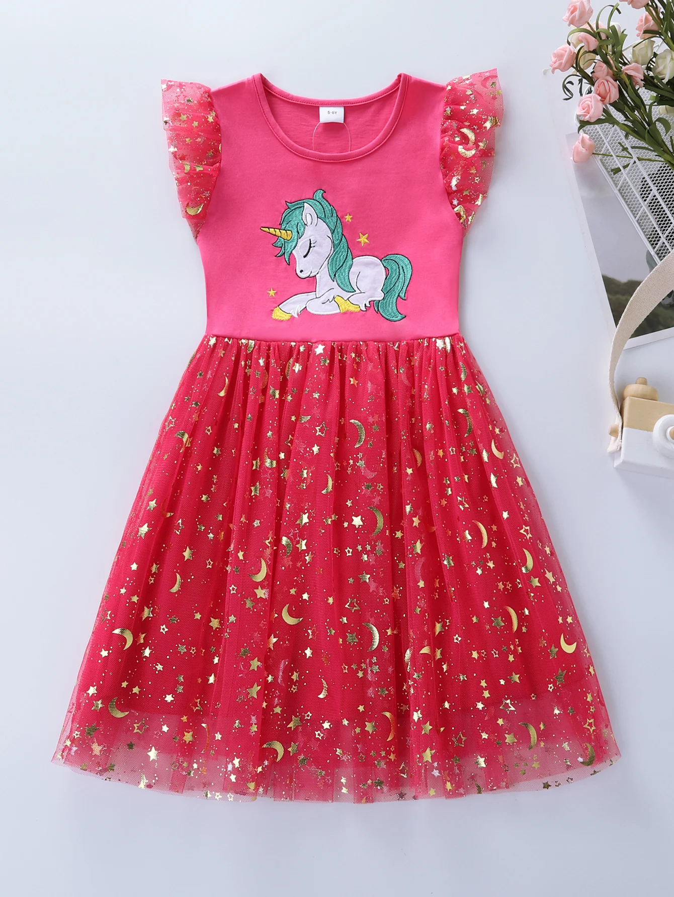 Summer New Girl's Cotton Unicorn Embroidered Mesh Spliced Sleeveless Dress SH1701