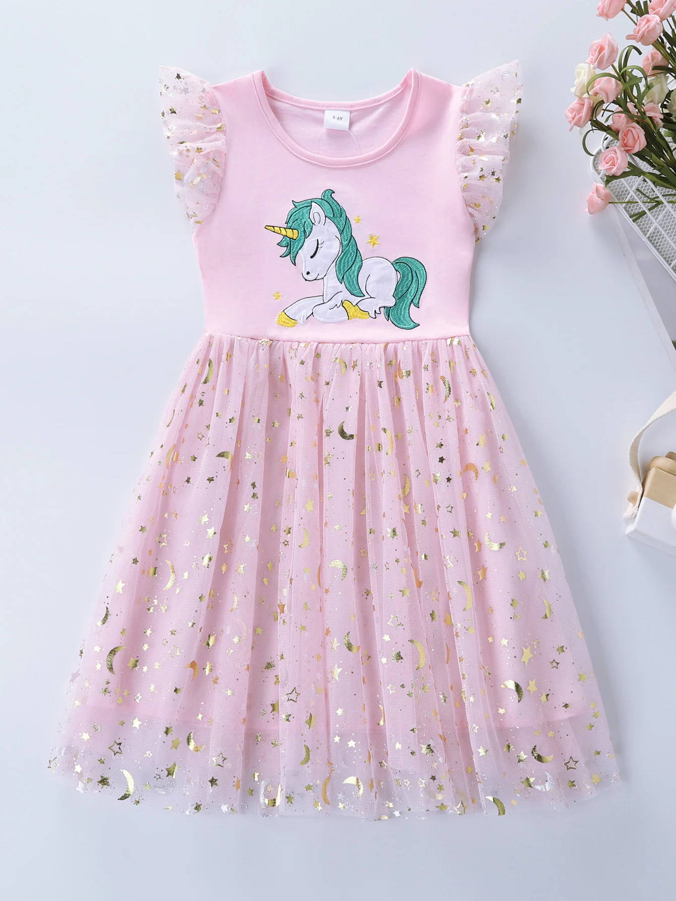 Summer New Girl's Cotton Unicorn Embroidered Mesh Spliced Sleeveless Dress SH1701