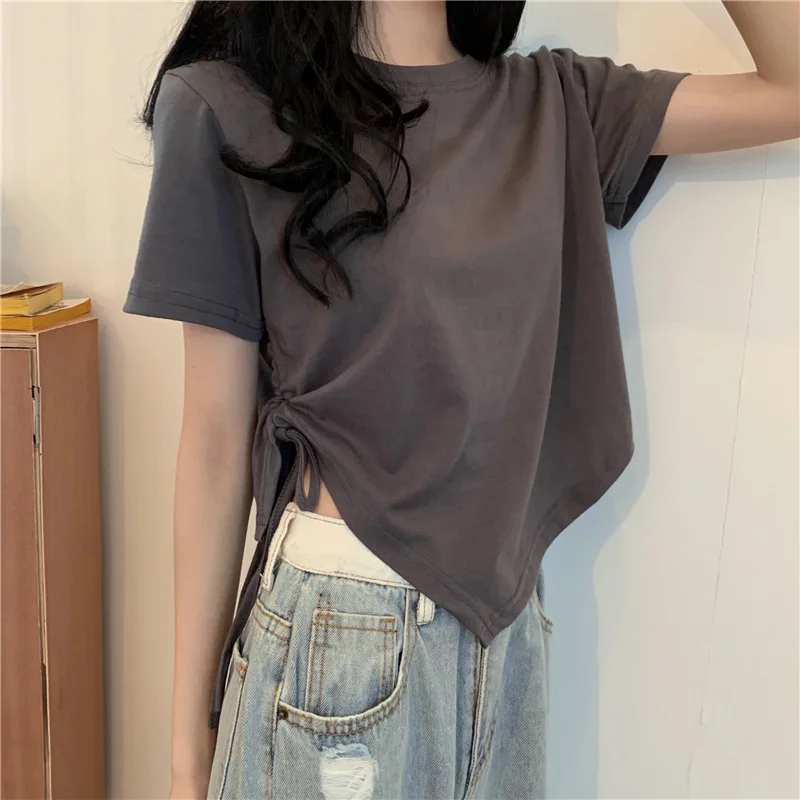 Slit Bandage V Neck Sexy Crop Top Women Korean Casual Summer New Short Sleeve T-shirt Y2K Streetwear Trendy Top for Women