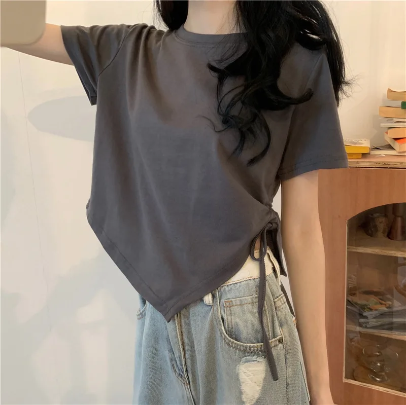 Slit Bandage V Neck Sexy Crop Top Women Korean Casual Summer New Short Sleeve T-shirt Y2K Streetwear Trendy Top for Women