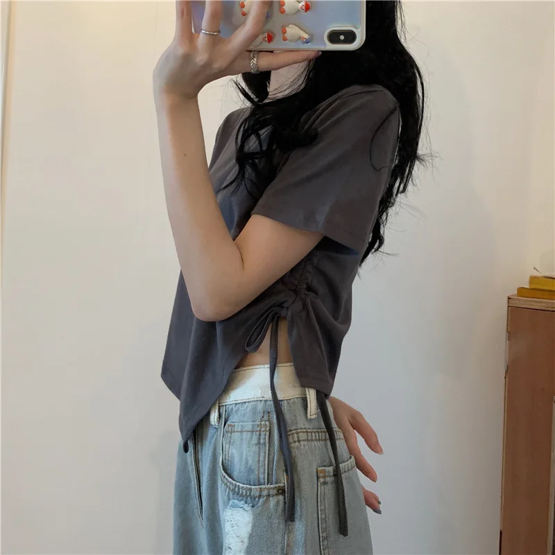 Slit Bandage V Neck Sexy Crop Top Women Korean Casual Summer New Short Sleeve T-shirt Y2K Streetwear Trendy Top for Women