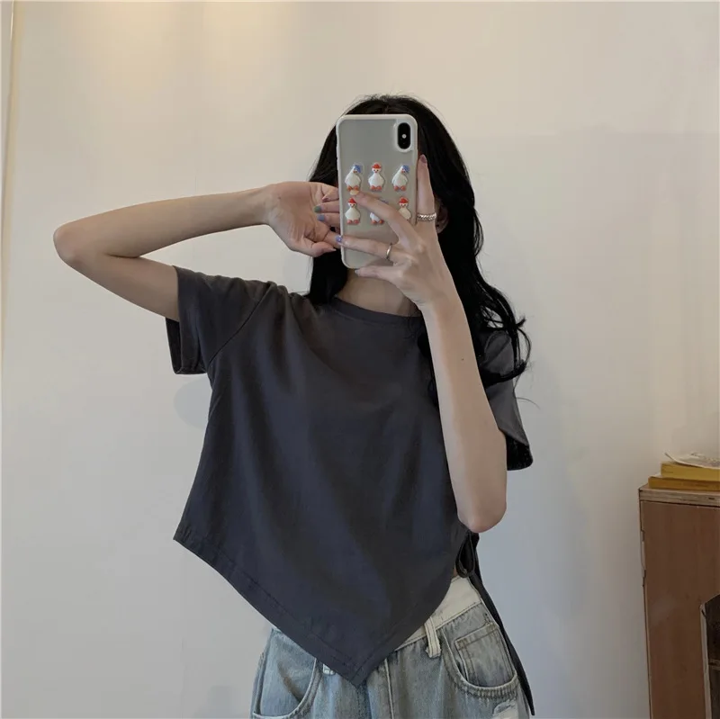 Slit Bandage V Neck Sexy Crop Top Women Korean Casual Summer New Short Sleeve T-shirt Y2K Streetwear Trendy Top for Women