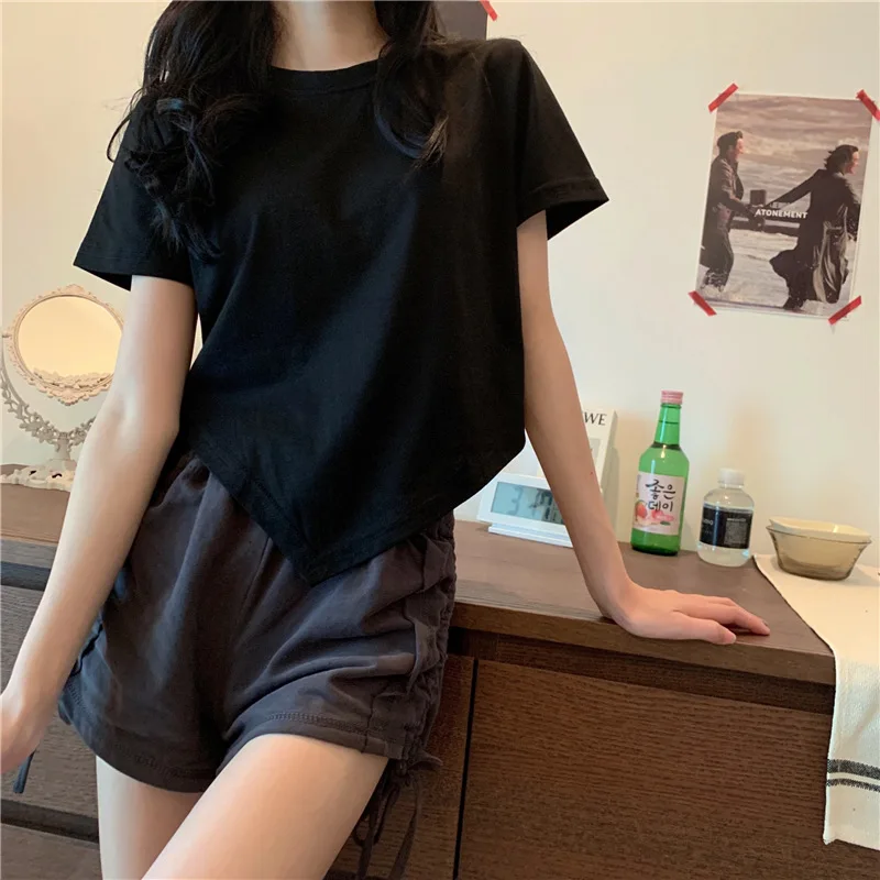 Slit Bandage V Neck Sexy Crop Top Women Korean Casual Summer New Short Sleeve T-shirt Y2K Streetwear Trendy Top for Women