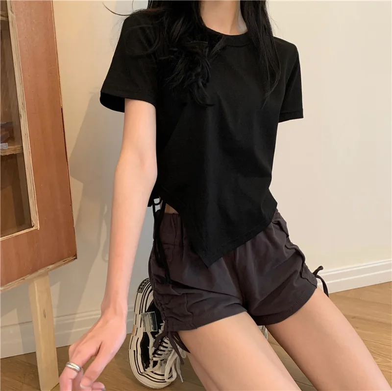 Slit Bandage V Neck Sexy Crop Top Women Korean Casual Summer New Short Sleeve T-shirt Y2K Streetwear Trendy Top for Women
