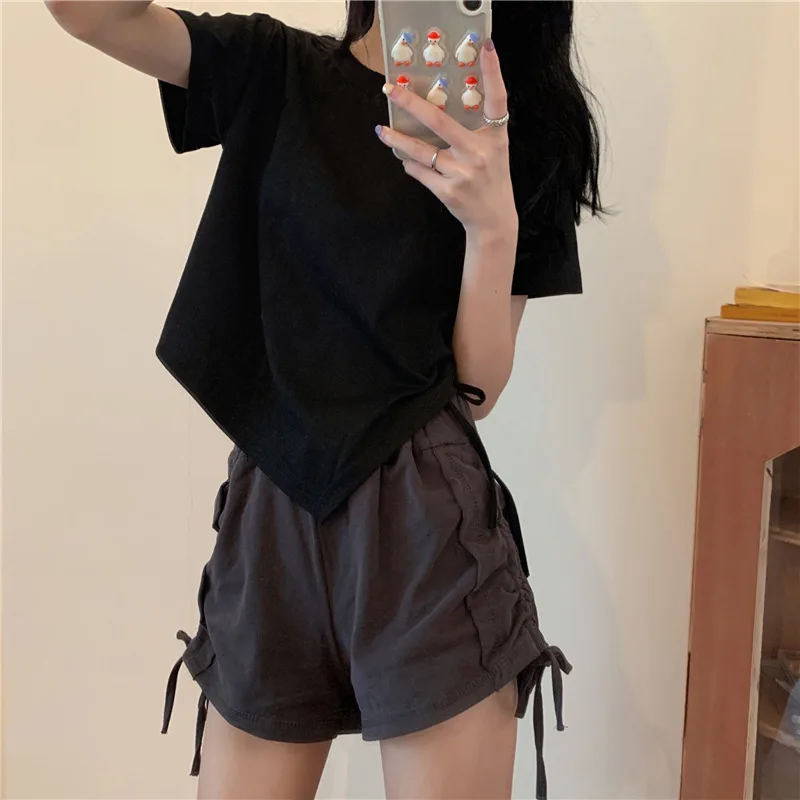 Slit Bandage V Neck Sexy Crop Top Women Korean Casual Summer New Short Sleeve T-shirt Y2K Streetwear Trendy Top for Women