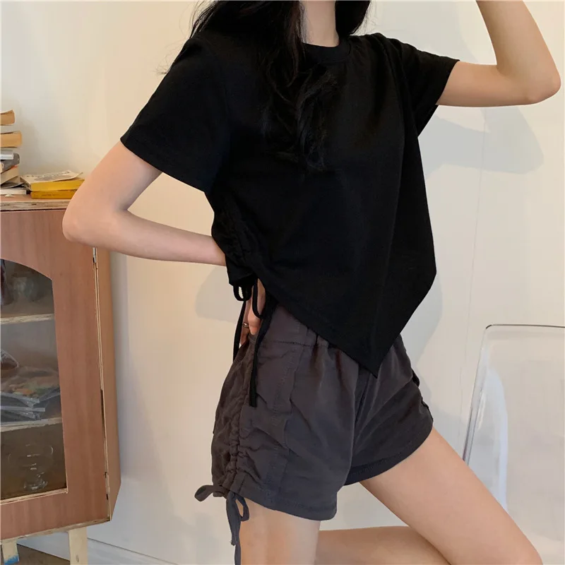 Slit Bandage V Neck Sexy Crop Top Women Korean Casual Summer New Short Sleeve T-shirt Y2K Streetwear Trendy Top for Women