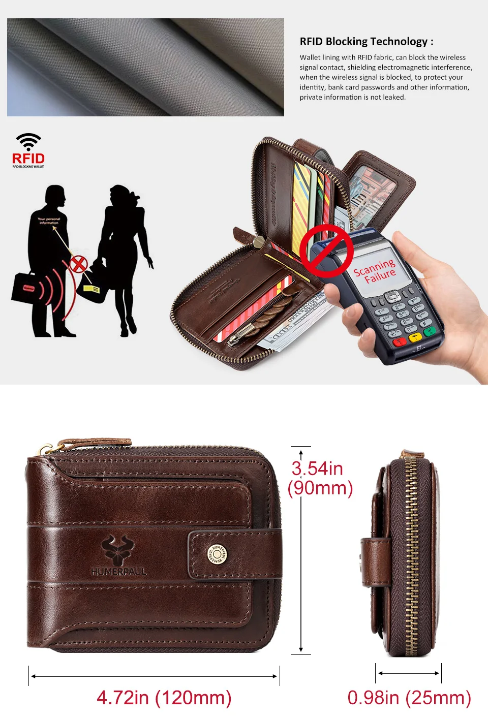 HUMERPAUL Genuine Leather Men's Wallet RFID Male Credit Card Holder with ID Window Multifunction Storage Bag Zipper Coin Purse