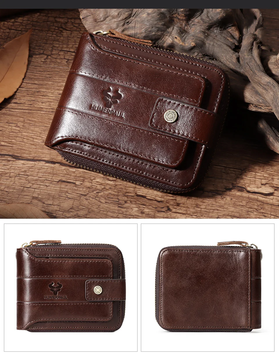 HUMERPAUL Genuine Leather Men's Wallet RFID Male Credit Card Holder with ID Window Multifunction Storage Bag Zipper Coin Purse