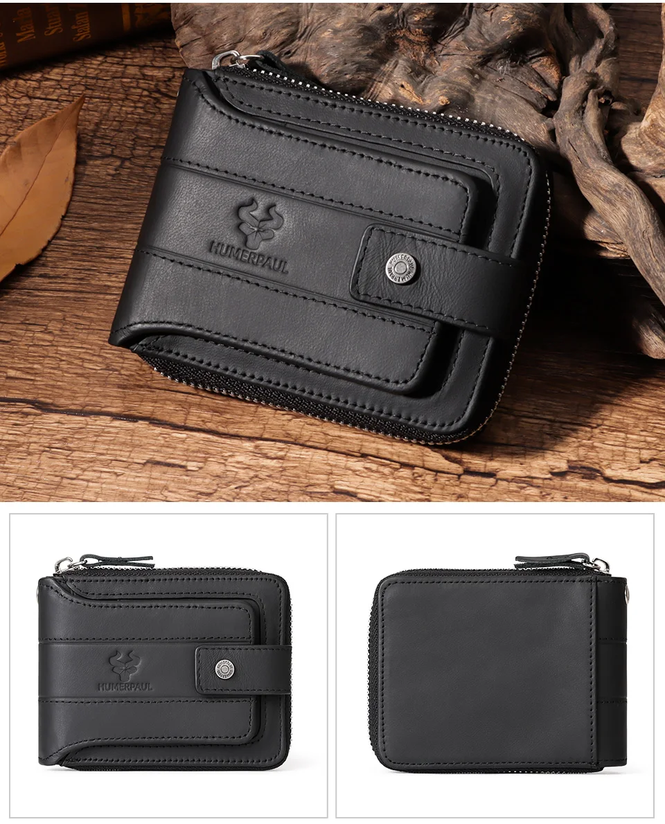 HUMERPAUL Genuine Leather Men's Wallet RFID Male Credit Card Holder with ID Window Multifunction Storage Bag Zipper Coin Purse