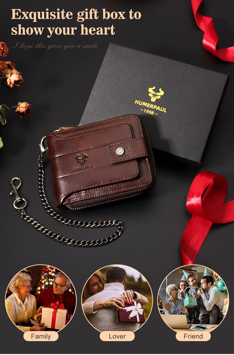 HUMERPAUL Genuine Leather Men's Wallet RFID Male Credit Card Holder with ID Window Multifunction Storage Bag Zipper Coin Purse