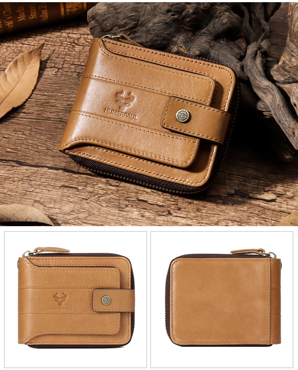 HUMERPAUL Genuine Leather Men's Wallet RFID Male Credit Card Holder with ID Window Multifunction Storage Bag Zipper Coin Purse