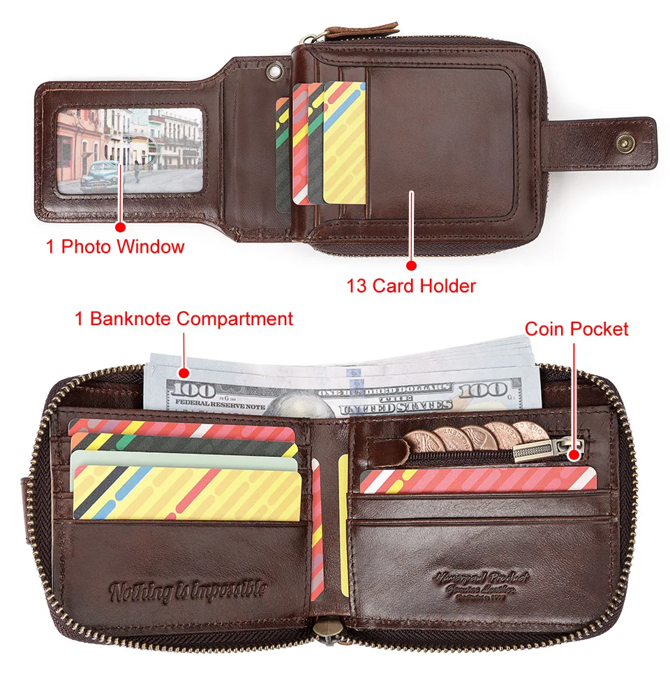 HUMERPAUL Genuine Leather Men's Wallet RFID Male Credit Card Holder with ID Window Multifunction Storage Bag Zipper Coin Purse