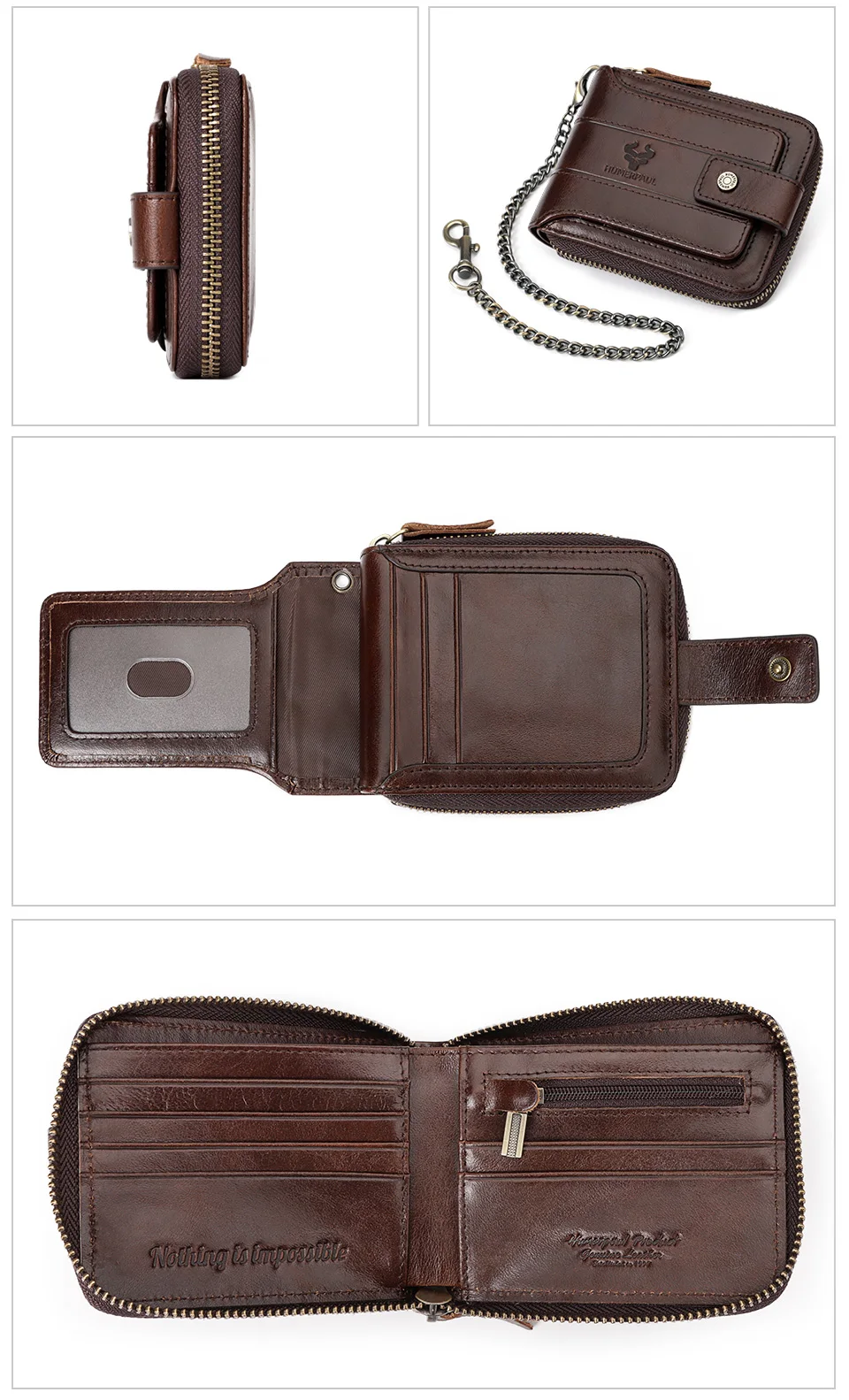 HUMERPAUL Genuine Leather Men's Wallet RFID Male Credit Card Holder with ID Window Multifunction Storage Bag Zipper Coin Purse