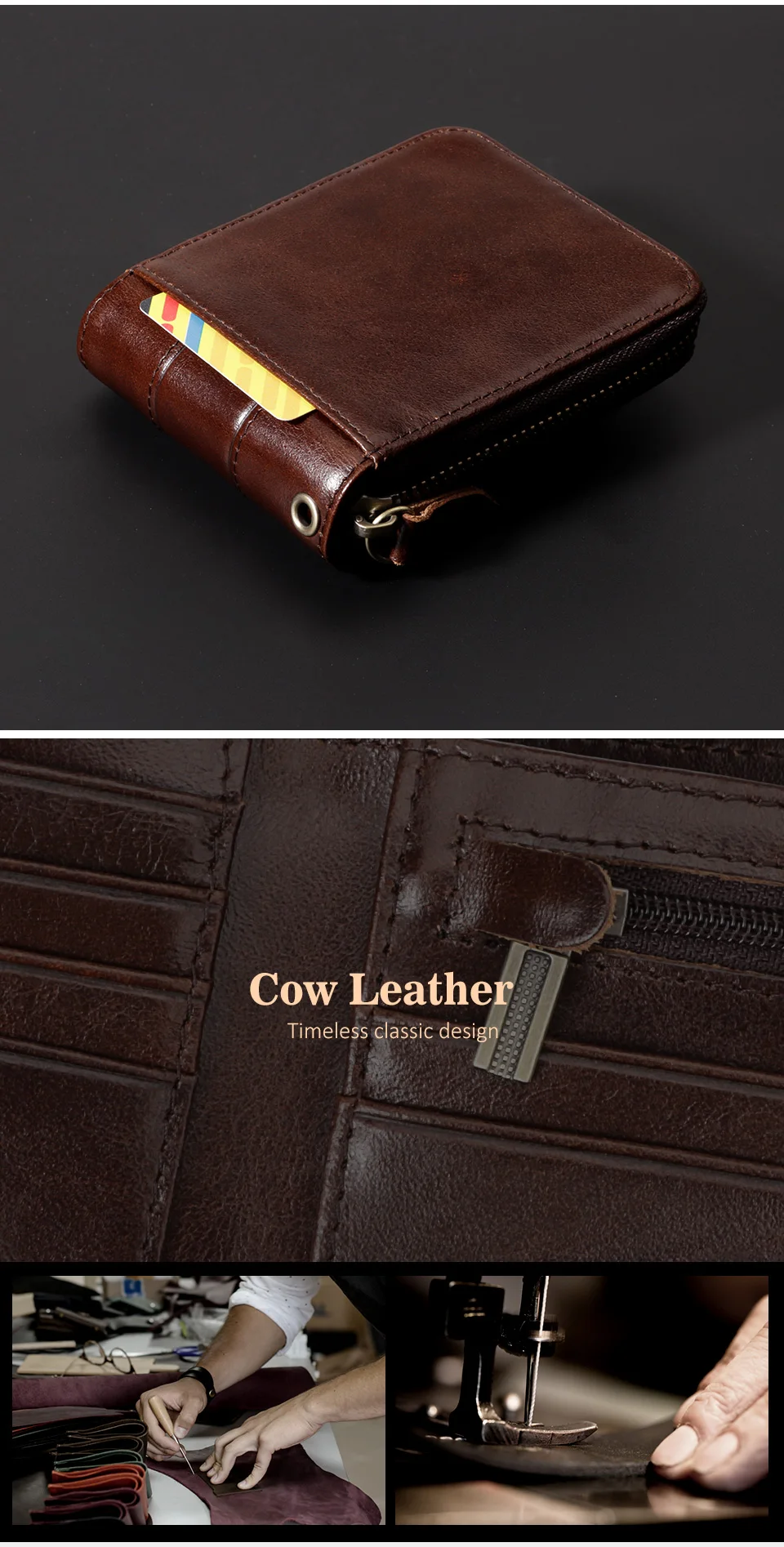 HUMERPAUL Genuine Leather Men's Wallet RFID Male Credit Card Holder with ID Window Multifunction Storage Bag Zipper Coin Purse