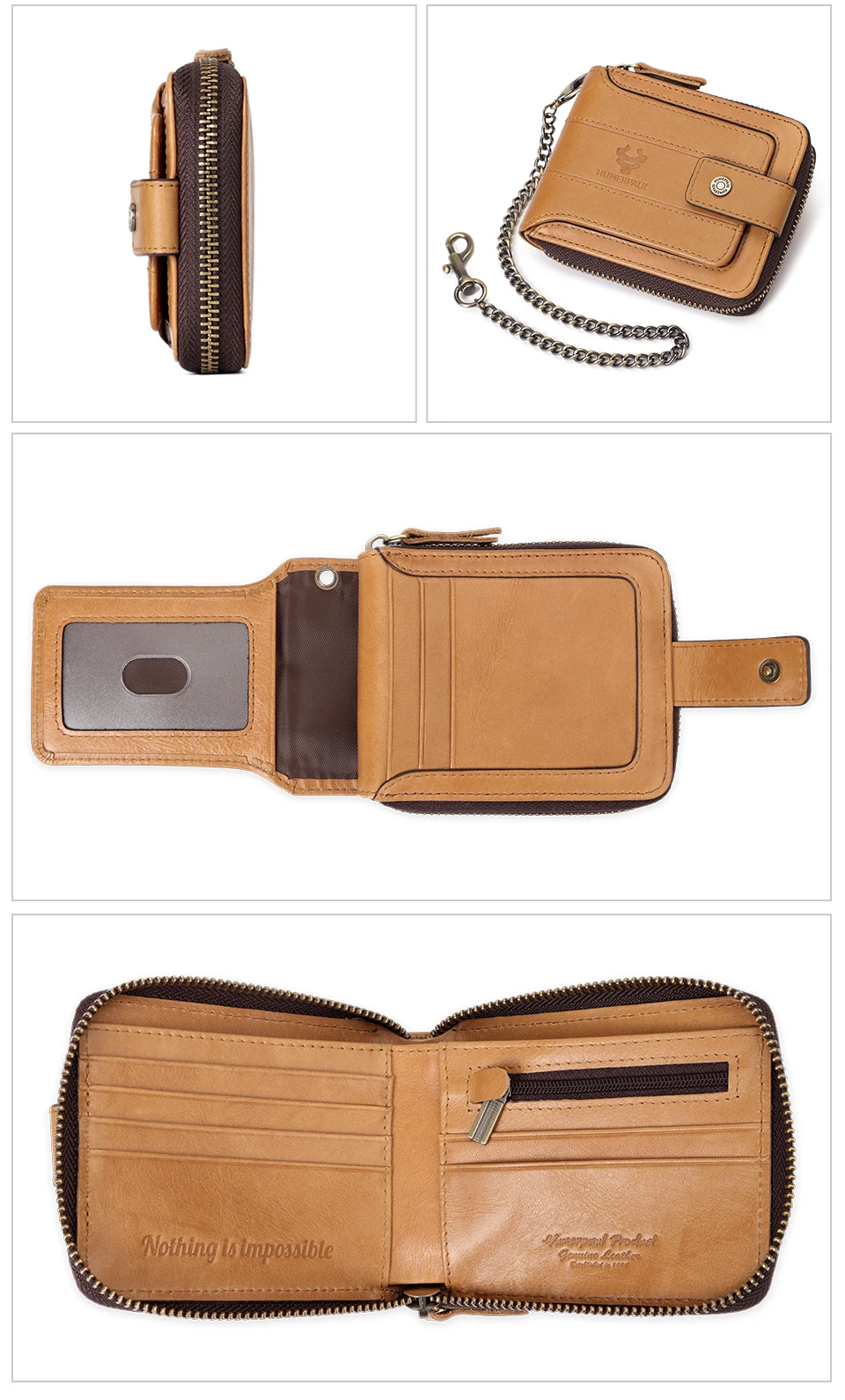 HUMERPAUL Genuine Leather Men's Wallet RFID Male Credit Card Holder with ID Window Multifunction Storage Bag Zipper Coin Purse