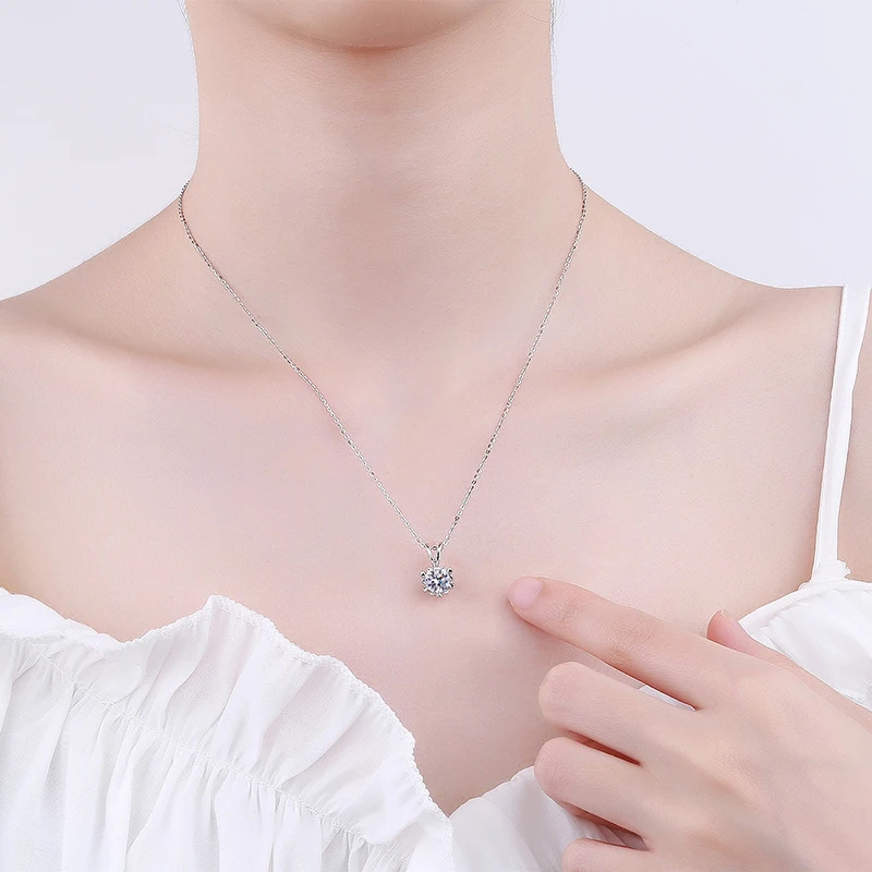 Silver 925 6 Prong Moissanite Pendant Necklace for Women Trendy Design D Color VVS Pass Diamond Testing Jewelry with Box GRA