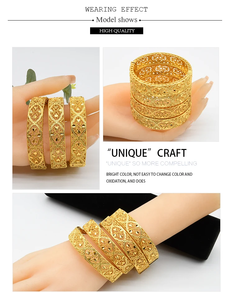 Dubai Gold Color Bangles For Women Gold Plated Indian African Hard Bracelets Charm Wedding Ethiopian Arabic Hand Jewelry Luxury