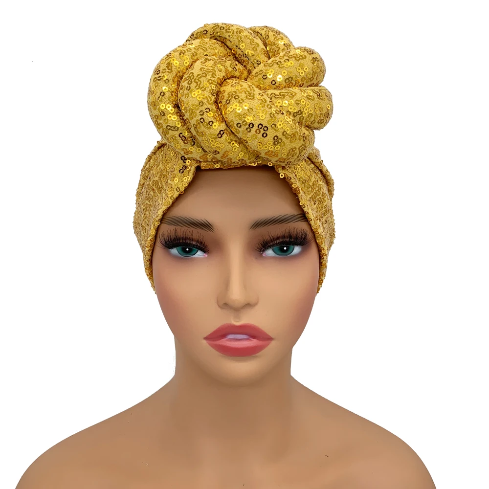 Sequins Twisted Flower Turban Cap for Women Fashion African Female Head Wraps Muslim Headscarf Bonnet Turbante Mujer