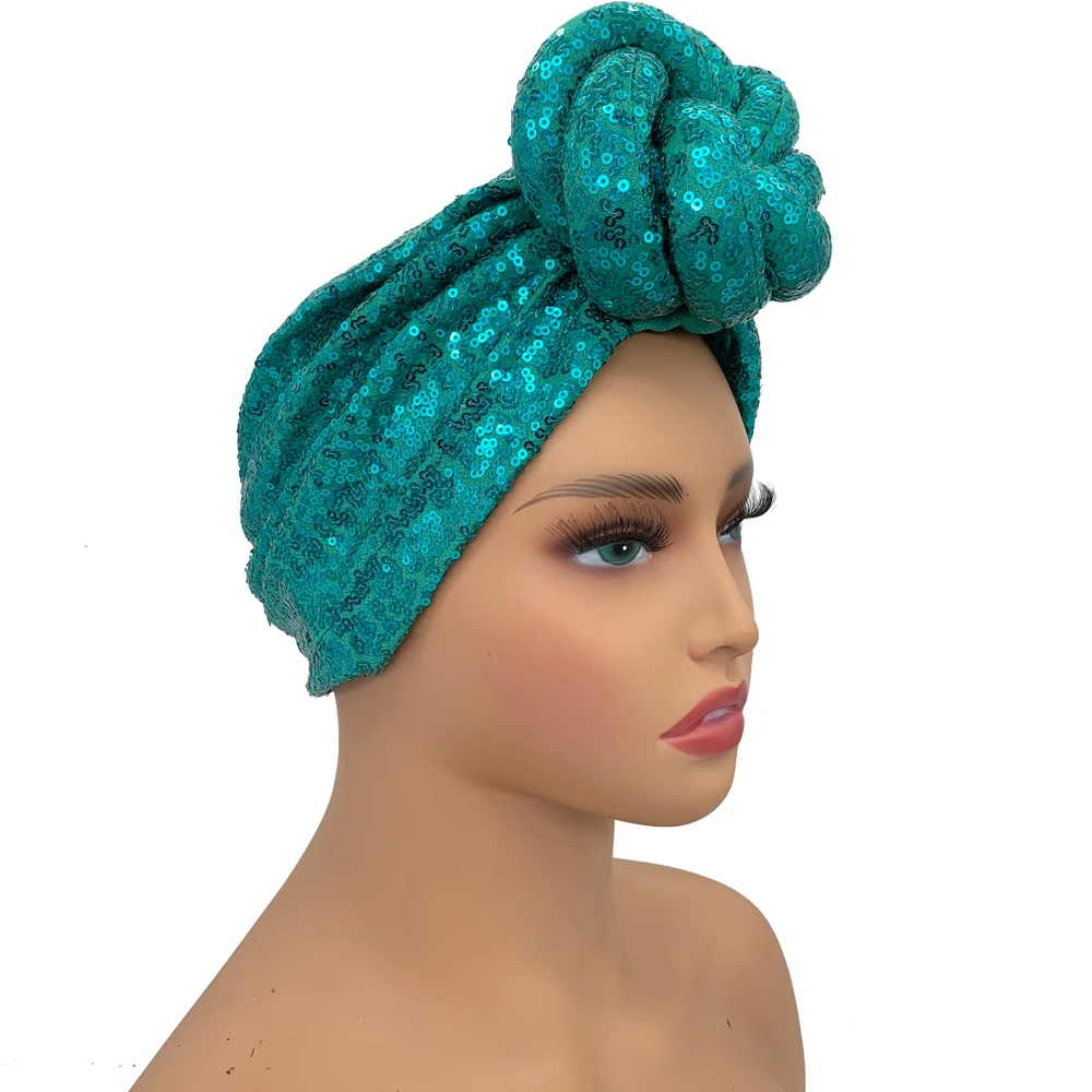 Sequins Twisted Flower Turban Cap for Women Fashion African Female Head Wraps Muslim Headscarf Bonnet Turbante Mujer