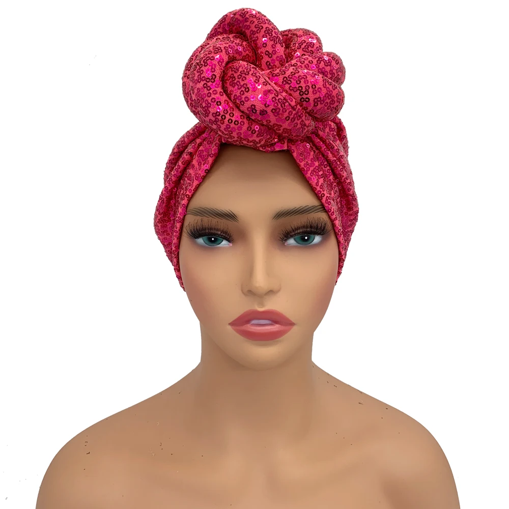 Sequins Twisted Flower Turban Cap for Women Fashion African Female Head Wraps Muslim Headscarf Bonnet Turbante Mujer