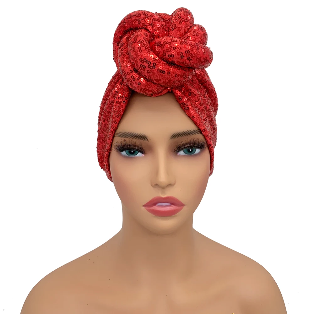 Sequins Twisted Flower Turban Cap for Women Fashion African Female Head Wraps Muslim Headscarf Bonnet Turbante Mujer