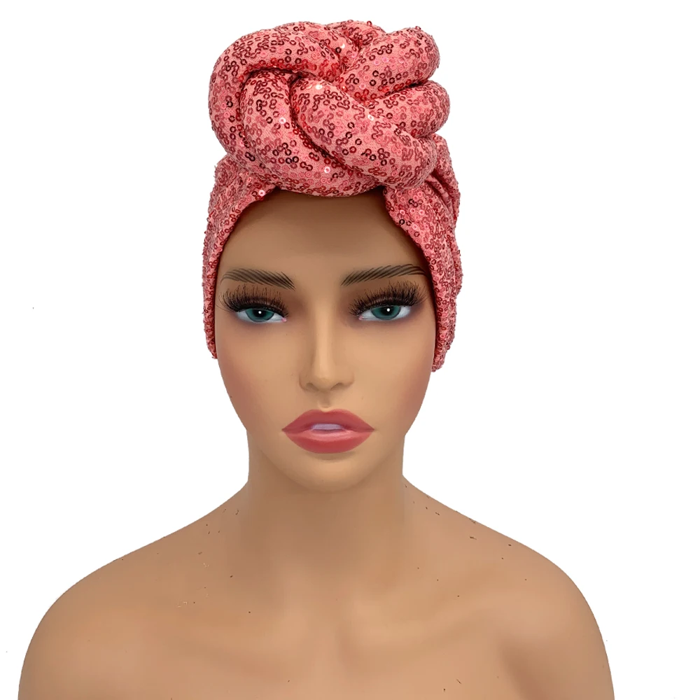 Sequins Twisted Flower Turban Cap for Women Fashion African Female Head Wraps Muslim Headscarf Bonnet Turbante Mujer