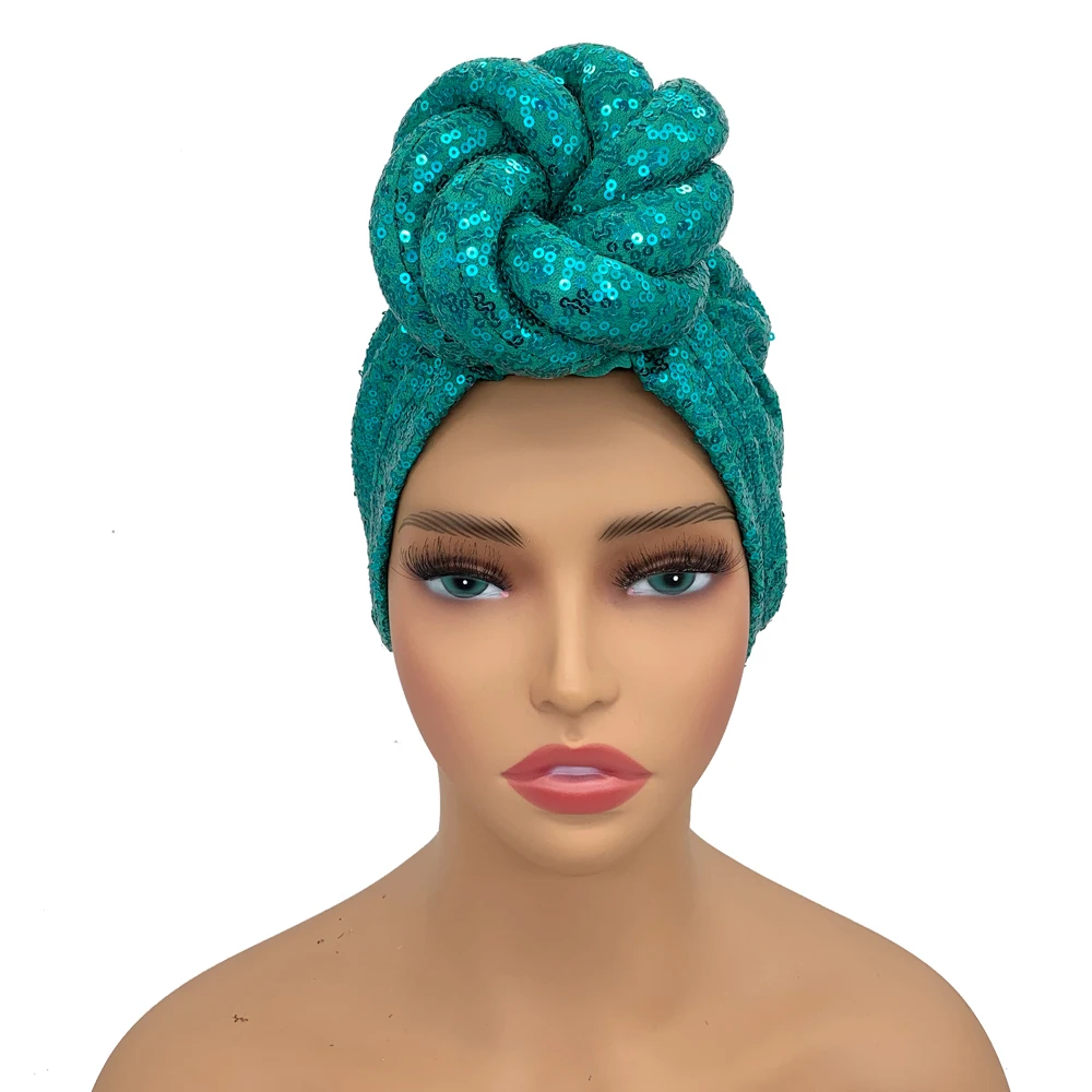 Sequins Twisted Flower Turban Cap for Women Fashion African Female Head Wraps Muslim Headscarf Bonnet Turbante Mujer