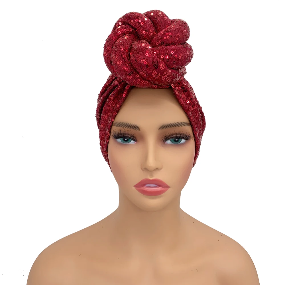Sequins Twisted Flower Turban Cap for Women Fashion African Female Head Wraps Muslim Headscarf Bonnet Turbante Mujer
