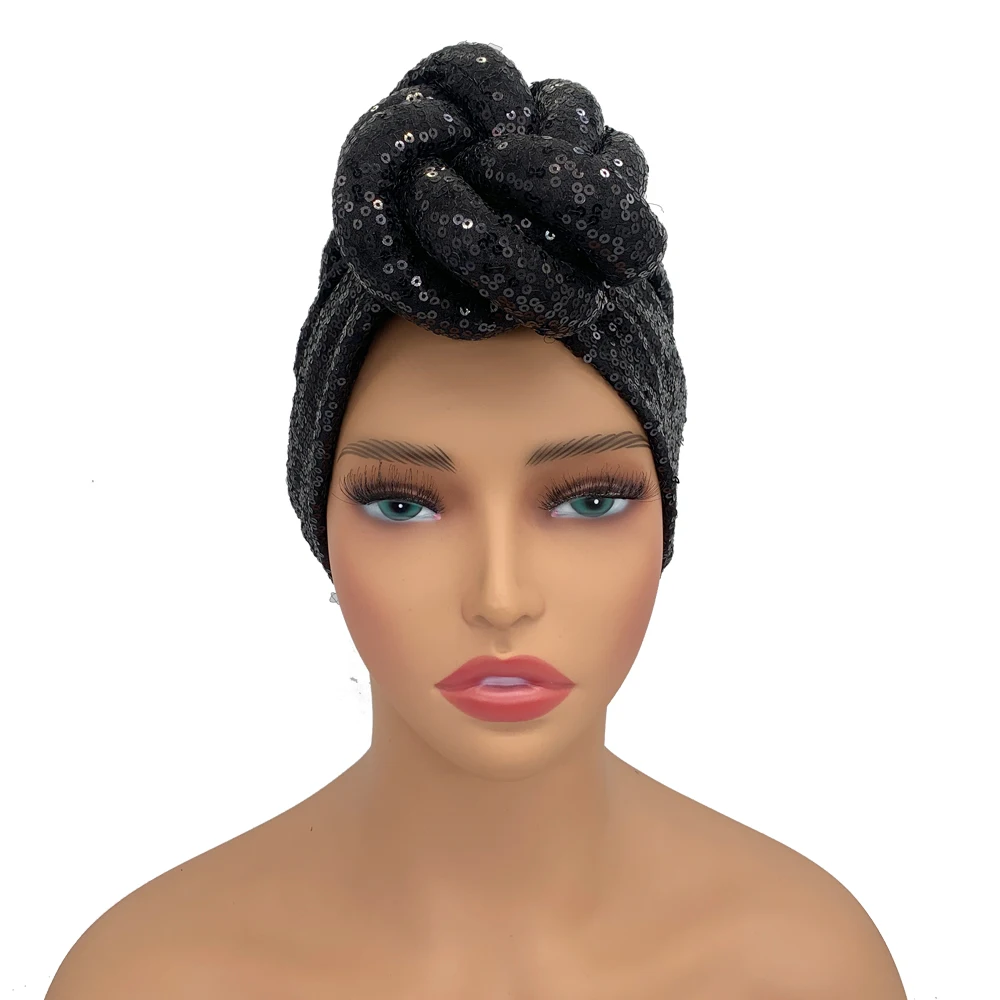 Sequins Twisted Flower Turban Cap for Women Fashion African Female Head Wraps Muslim Headscarf Bonnet Turbante Mujer