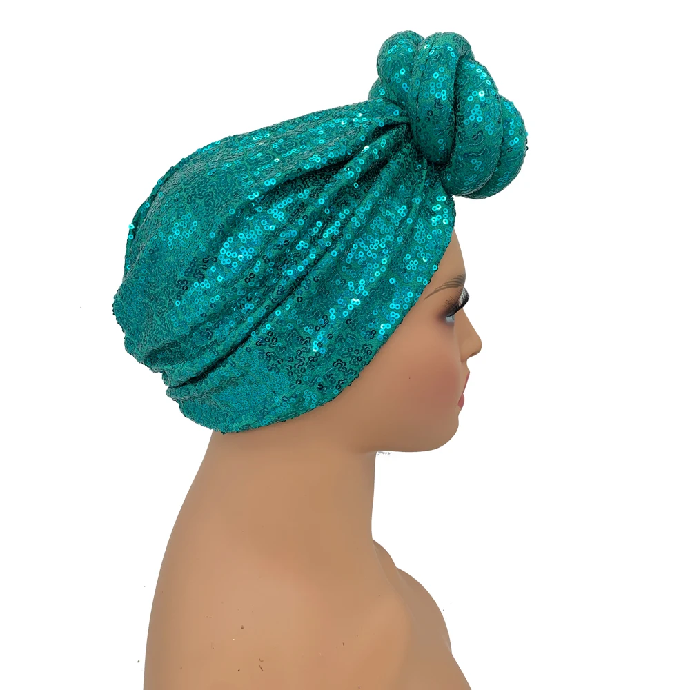 Sequins Twisted Flower Turban Cap for Women Fashion African Female Head Wraps Muslim Headscarf Bonnet Turbante Mujer