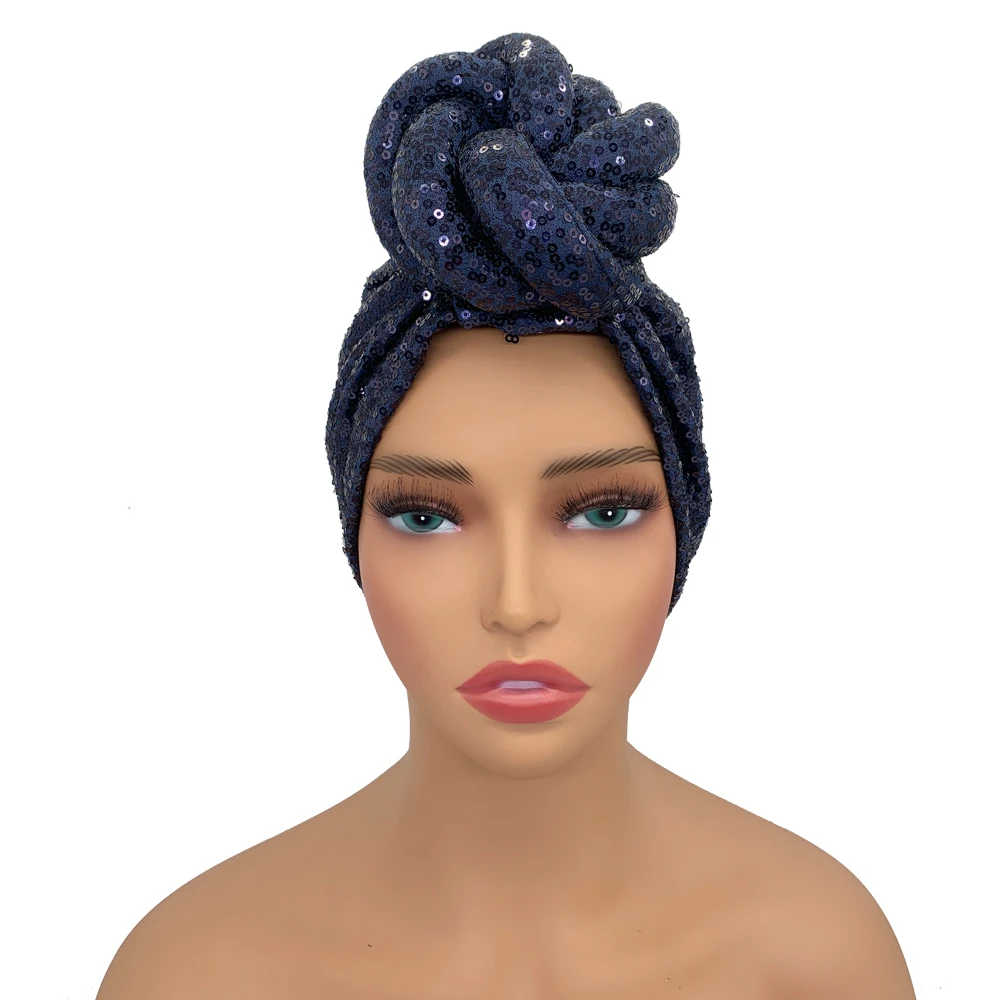 Sequins Twisted Flower Turban Cap for Women Fashion African Female Head Wraps Muslim Headscarf Bonnet Turbante Mujer
