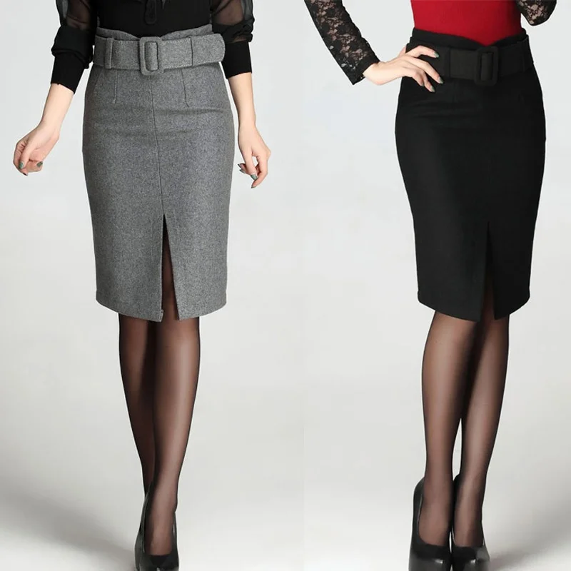 Fashion new large size high waist fashion casual mid-length wool pencil skirt women's skirts women.
