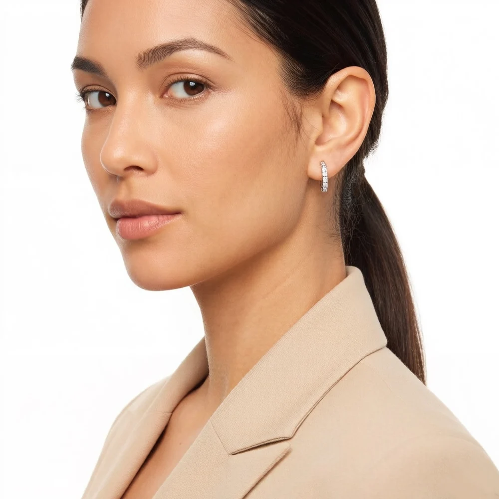White Zircon Creole Hinged Hoop Earrings Europe Fine Jewelry For Women Gift In Real 925 Sterling Silver